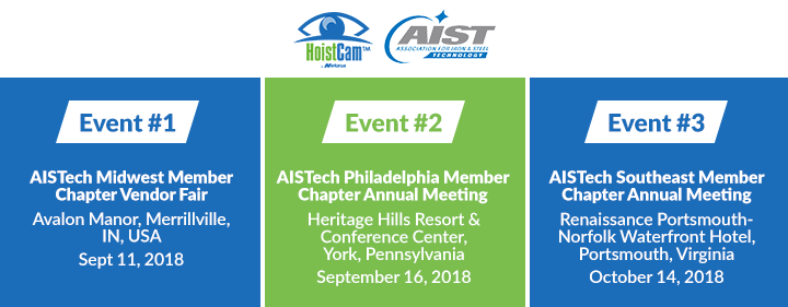 HoistCam at three AISTech chapter events: Merrillville, Indiana (Sept 11), Philadelphia (Sept 16) and Portsmouth, Virginia (Oct 14), 2018