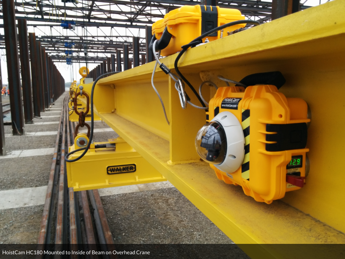 HoistCam HC180 mounted to the inside of the beam on an overhead crane